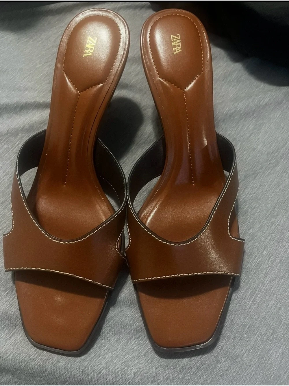 Zara Brown Leather Heel Sandals with Contrast Stitching